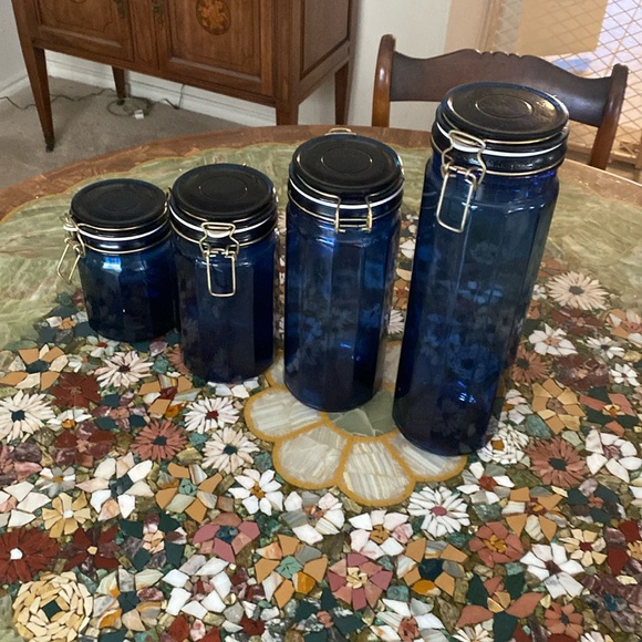 Kitchen Vintage Cobalt Blue Glass Canisters Set Of 4 Jars With Wire